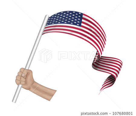 3D Flag on ribbon in hand 107680801