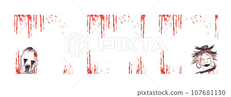 Halloween frame set. Ghost and witch with Blood stains. Watercolor scary hand painted illustration isolated white background Happy halloween monsters design for postcards, invitations, prints, cards. 107681130