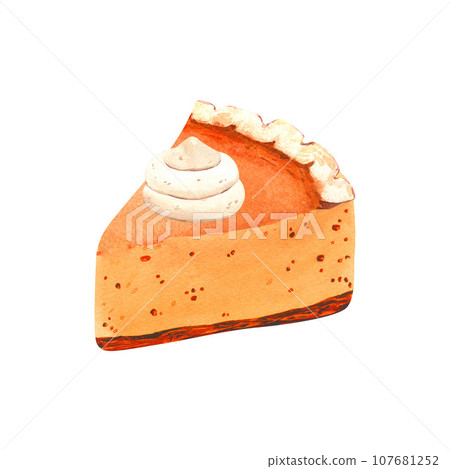 Watercolor realistic traditional dessert for Thanksgiving dinner, orange pumpkin slice pie. Hand-drawn illustration isolated on white background. Perfect for menu, cooking, packing, card thanksgiving 107681252