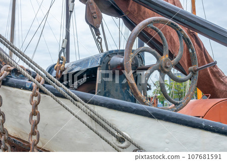 Old Metal Winch and Ropes on the Old Fishing Boat Stock Photo