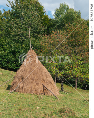 Old authentic wooden house hayloft Carpathian mountains Ukraine Europe Transcarpathia region. Eco tourism Cottagecore Old authentic wooden house hayloft Carpathian mountains Ukraine Europe Transcarpathia region. Eco tourism Cottagecore 107681796