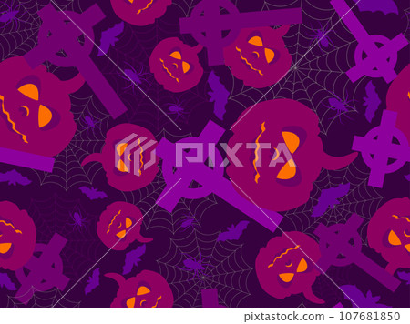 Halloween seamless pattern with Christian crosses, pumpkins, spiders and bats. Happy Halloween October 31st, Jack-O-Lantern. Design for wallpaper, banner and advertising material. Vector illustration 107681850