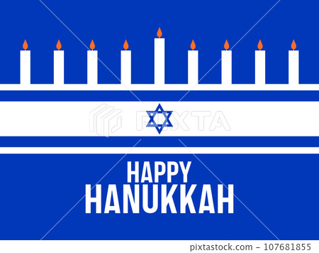 Happy Hanukkah. Nine Hanukkah candles are the symbol of the Jewish holiday. Lighted candles and the Israeli flag with the Star of David. Design for greeting cards and banners. Vector illustration Happy Hanukkah. Nine Hanukkah candles are the symbol of the Jewish holiday. Lighted candles and the Israeli flag with the Star of David. Design for greeting cards and banners. Vector illustration 107681855