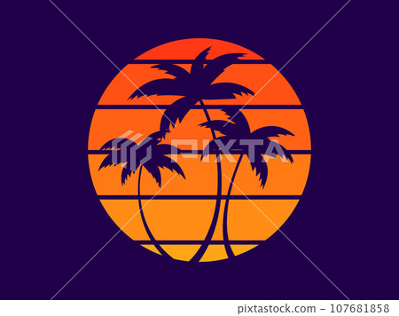 Tropical palm trees at sunset in a futuristic 80s style. Summer time, silhouettes of palm trees in synthwave and retrowave style. Design of advertising booklets and banners. vector illustration Tropical palm trees at sunset in a futuristic 80s style. Summer time, silhouettes of palm trees in synthwave and retrowave style. Design of advertising booklets and banners. vector illustration 107681858