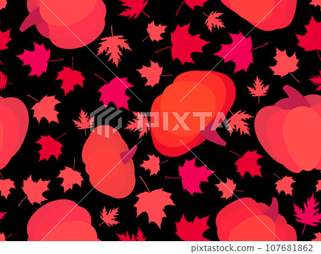 Seamless pattern with autumn leaves and pumpkins. Autumn background with pumpkins and maple leaves. Design of banners, wrapping paper and promotional products. Vector illustration Seamless pattern with autumn leaves and pumpkins. Autumn background with pumpkins and maple leaves. Design of banners, wrapping paper and promotional products. Vector illustration 107681862