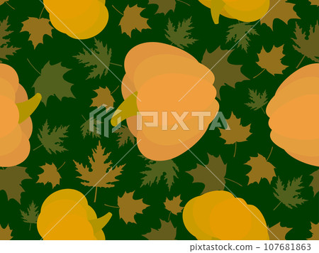 Seamless pattern with autumn leaves and pumpkins. Autumn background with pumpkins and maple leaves. Design of banners, wrapping paper and promotional products. Vector illustration 107681863