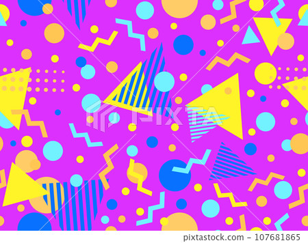80s seamless pattern with geometric shapes in memphis style. Circles and triangles. Colorful abstract background for printing on promotional items, banners and wrapping paper. Vector illustration 107681865