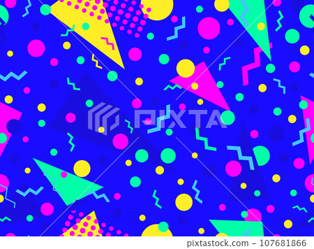 Memphis seamless pattern with geometric shapes in 80s and 90s style. Geometric shapes of different shapes and colors. Design of promotional products, wrapping paper and printing. Vector illustration Memphis seamless pattern with geometric shapes in 80s and 90s style. Geometric shapes of different shapes and colors. Design of promotional products, wrapping paper and printing. Vector illustration 107681866
