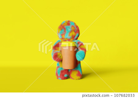 Cute bright rainbow Yeti coffee cup yellow background 3D rendering. Coffee shop discount creative sale colorful banner. 107682033
