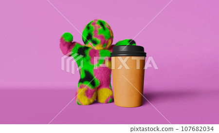 Strong powerful rainbow Yeti coffee cup 3D rendering purple Coffee shop discount creative sale colorful banner Hot drink 107682034