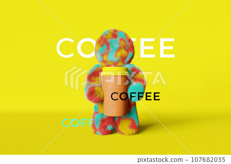 Cute bright rainbow Yeti coffee cup yellow background 3D rendering. Coffee shop discount creative sale colorful banner. 107682035