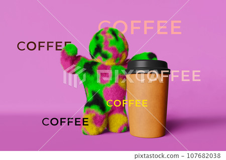 Strong powerful rainbow Yeti coffee cup 3D rendering purple Coffee shop discount creative sale colorful banner Hot drink 107682038