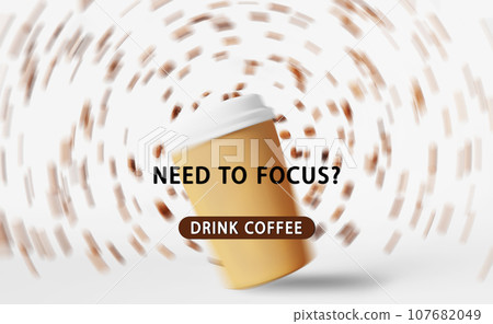 Need to focus - Drink coffee Floating latte cup flying beans 3D render motion blur Energy sip Coffee to go discount sale 107682049