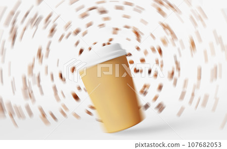 Floating latte cup flying beans 3D render motion blur copy space Energy sip Need to focus Drink coffee Coffee to go sale 107682053