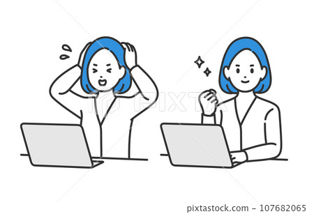 A set of businessperson women who are anxious and do fist pumps while looking at a computer [People vector illustration material] 107682065