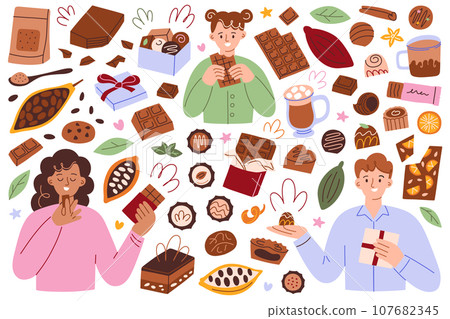 Chocolate hand drawn collection, doodle icons of cocoa beans, chocolates, bars, people eating chocolate candy, vector illustrations of sweet gifts for christmas, valentine, delicious cacao dessert set Chocolate hand drawn collection, doodle icons of cocoa beans, chocolates, bars, people eating chocolate candy, vector illustrations of sweet gifts for christmas, valentine, delicious cacao dessert set 107682345