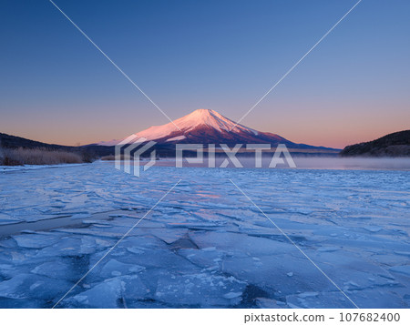 Yamanashi_Spectacular view of frozen Lake Yamanaka and Benifuji at dawn Yamanashi_Spectacular view of frozen Lake Yamanaka and Benifuji at dawn 107682400