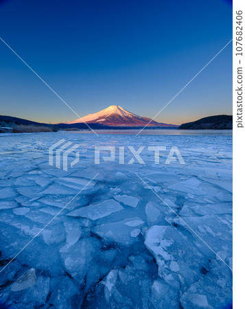 Yamanashi_Spectacular view of frozen Lake Yamanaka and Benifuji at dawn Yamanashi_Spectacular view of frozen Lake Yamanaka and Benifuji at dawn 107682406