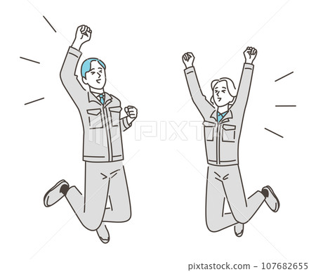 Happy male and female workers jump and fist pump [vector illustration material] 107682655
