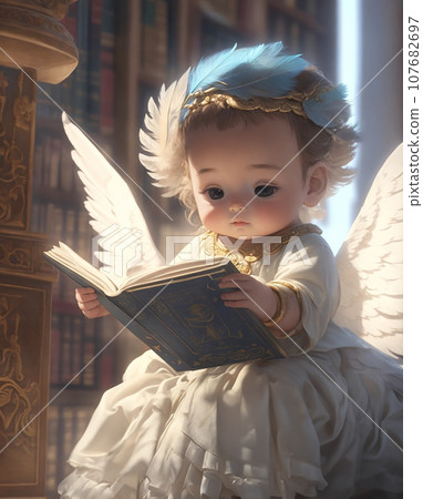 在天堂學習的年輕天使的插畫藝術（AI生成圖像） 107682697