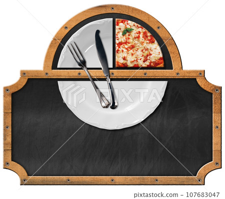 Template for a Pizza Menu with Empty Blackboard Isolated on White Background 107683047
