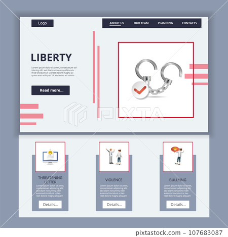 Liberty flat landing page website template. Threatening letter, violence, bullying. Web banner with header, content and footer. Vector illustration. Liberty flat landing page website template. Threatening letter, violence, bullying. Web banner with header, content and footer. Vector illustration. 107683087