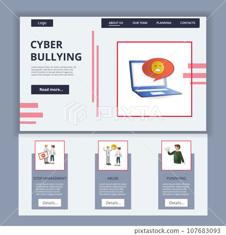 Cyber bullying flat landing page website template. Stop harassment, abuse, punishing. Web banner with header, content and footer. Vector illustration. 107683093