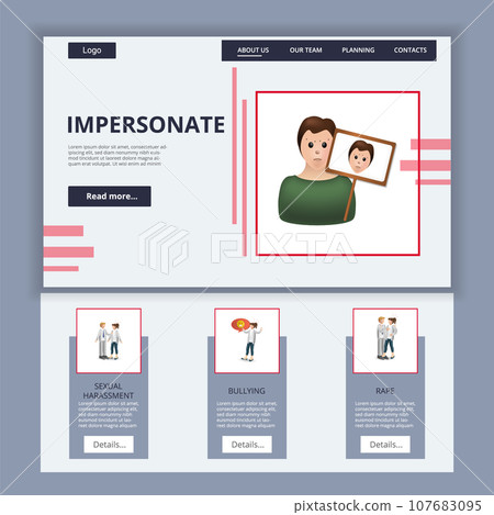 Impersonate flat landing page website template. Sexual harassment, bullying, rape. Web banner with header, content and footer. Vector illustration. Impersonate flat landing page website template. Sexual harassment, bullying, rape. Web banner with header, content and footer. Vector illustration. 107683095