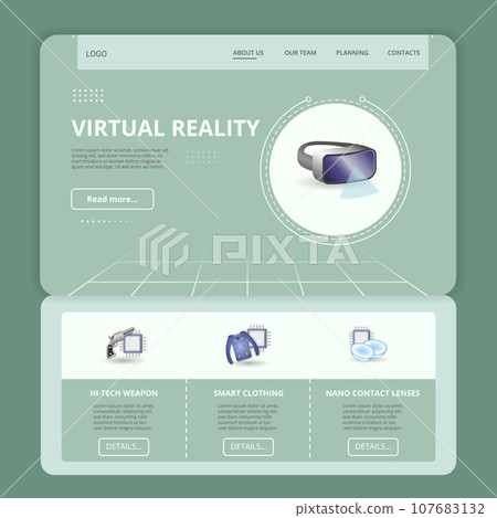 Virtual reality flat landing page website template. Hi-tech weapon, smart clothing, nano contact lenses. Web banner with header, content and footer. Vector illustration. Virtual reality flat landing page website template. Hi-tech weapon, smart clothing, nano contact lenses. Web banner with header, content and footer. Vector illustration. 107683132