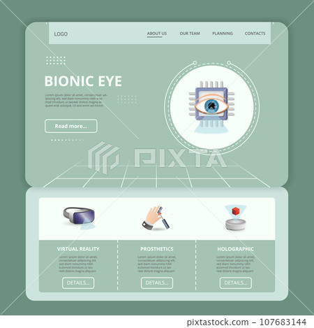 Bionic eye flat landing page website template. Virtual reality, prosthetics, holographic. Web banner with header, content and footer. Vector illustration. 107683144