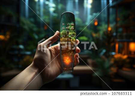 Modern remote control with an elegant design in the hand of a person Modern remote control with an elegant design in the hand of a person 107683311