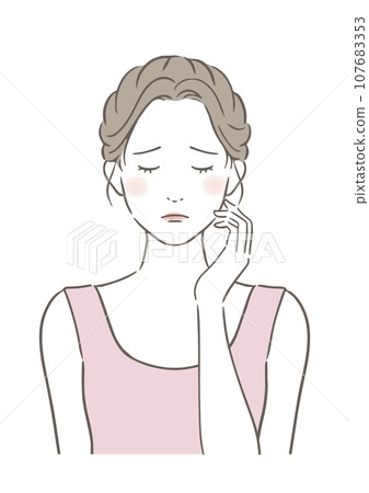 A worried woman with her hand on her cheek A worried woman with her hand on her cheek 107683353