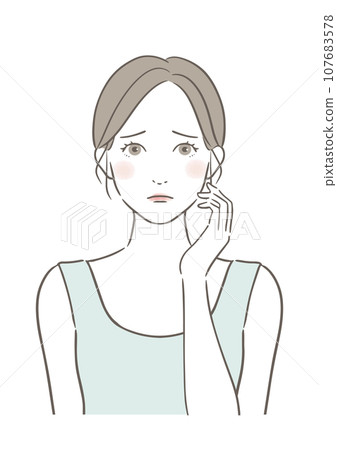 一個手放在臉頰上的憂心忡忡的女人 一個手放在臉頰上的憂心忡忡的女人 107683578