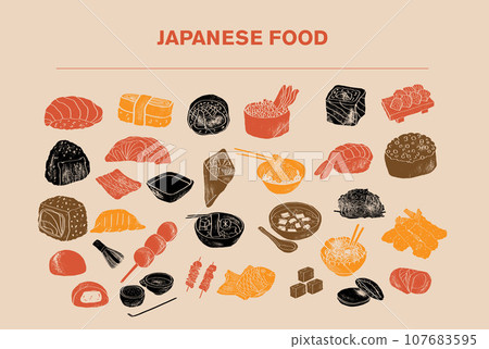 Sushi and rolls set. Japanese traditional cuisine dishes - nigiri, temaki, tamago, sashimi, uramaki, futomaki. Freehand vector drawing for asian restaurant menu. Sushi and rolls set. Japanese traditional cuisine dishes - nigiri, temaki, tamago, sashimi, uramaki, futomaki. Freehand vector drawing for asian restaurant menu. 107683595