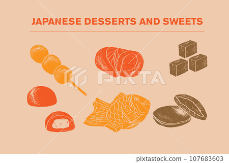 Japanese dessert collection, set isolated on white, asian food menu, vector illustration. Asian sweets, ice cream and cake. Dessert cafe in Japan, sweet oriental treats, traditional food assortment Japanese dessert collection, set isolated on white, asian food menu, vector illustration. Asian sweets, ice cream and cake. Dessert cafe in Japan, sweet oriental treats, traditional food assortment 107683603