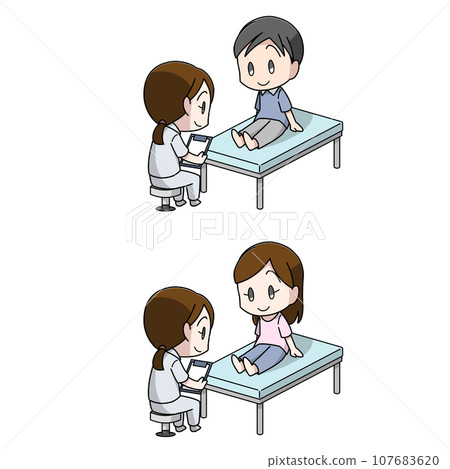Illustration of a man and woman examining their feet Illustration of a man and woman examining their feet 107683620