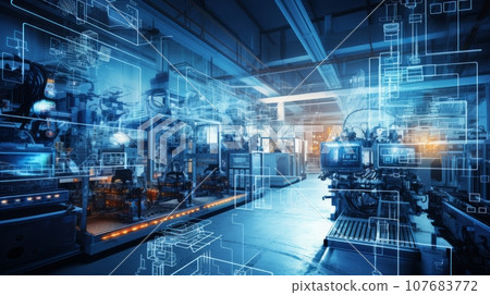 A factory floor with interconnected machines and sensors, exemplifying the implementation of IIoT in manufacturing. 107683772