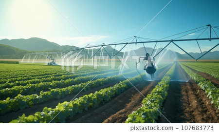 A smart irrigation system watering crops in a field, illustrating the use of technology to optimize agricultural processes. 107683773