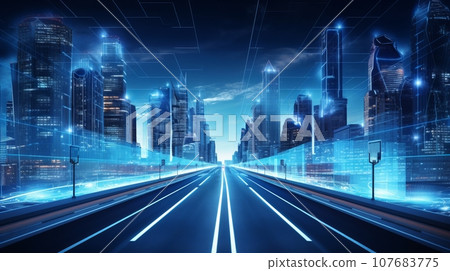 A nighttime futuristic cityscape with neon lights illuminating the buildings. Hovering drones and self-driving automobiles navigate the streets, demonstrating how technology is being integrated into A nighttime futuristic cityscape with neon lights illuminating the buildings. Hovering drones and self-driving automobiles navigate the streets, demonstrating how technology is being integrated into 107683775