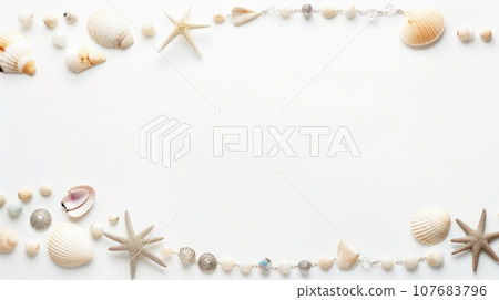 a white background with a border of seashells and starfish. The seashells and starfish are arranged in a rectangular border, creating a natural and coastal frame. The seashells and starfish have a white background with a border of seashells and starfish. The seashells and starfish are arranged in a rectangular border, creating a natural and coastal frame. The seashells and starfish have 107683796