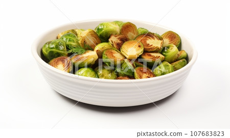 Green brussel sprouts in a bowl that have been homemade and are isolated on a white background. 107683823