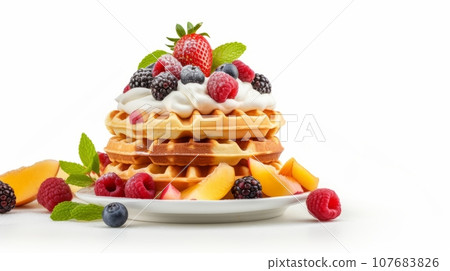 handmade, healthy breakfast featuring Belgian waffles with raspberries, blueberries, and syrup, and a white background handmade, healthy breakfast featuring Belgian waffles with raspberries, blueberries, and syrup, and a white background 107683826