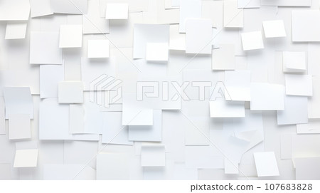 A creative and chaotic image of a white wall covered in white sticky notes. The sticky notes are arranged in a random and haphazard manner. The notes are of different sizes and shapes. 107683828