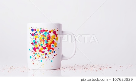 A cheerful and fun image of a white mug with colorful dots on it. The mug is on a white background with some of the colorful dots scattered around it. The dots are in various colors, such as red, blue 107683829