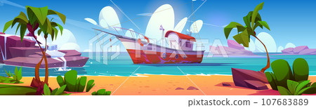 Fishing boat at sea or ocean shore. 107683889