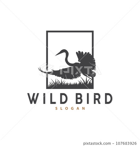 Stork Bird Logo, Heron, Grass, And River Design, Vector Simple Template illustration 107683926