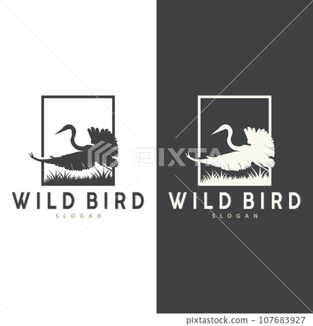Stork Bird Logo, Heron, Grass, And River Design, Vector Simple Template illustration 107683927