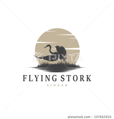 Stork Bird Logo, Heron, Grass, And River Design, Vector Simple Template illustration Stork Bird Logo, Heron, Grass, And River Design, Vector Simple Template illustration 107683928