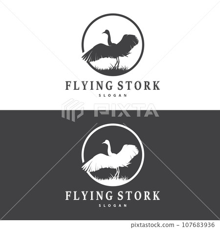 Stork Bird Logo, Heron, Grass, And River Design, Vector Simple Template illustration 107683936
