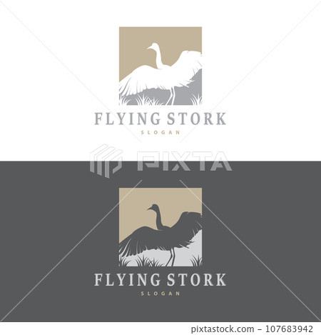 Stork Bird Logo, Heron, Grass, And River Design, Vector Simple Template illustration 107683942